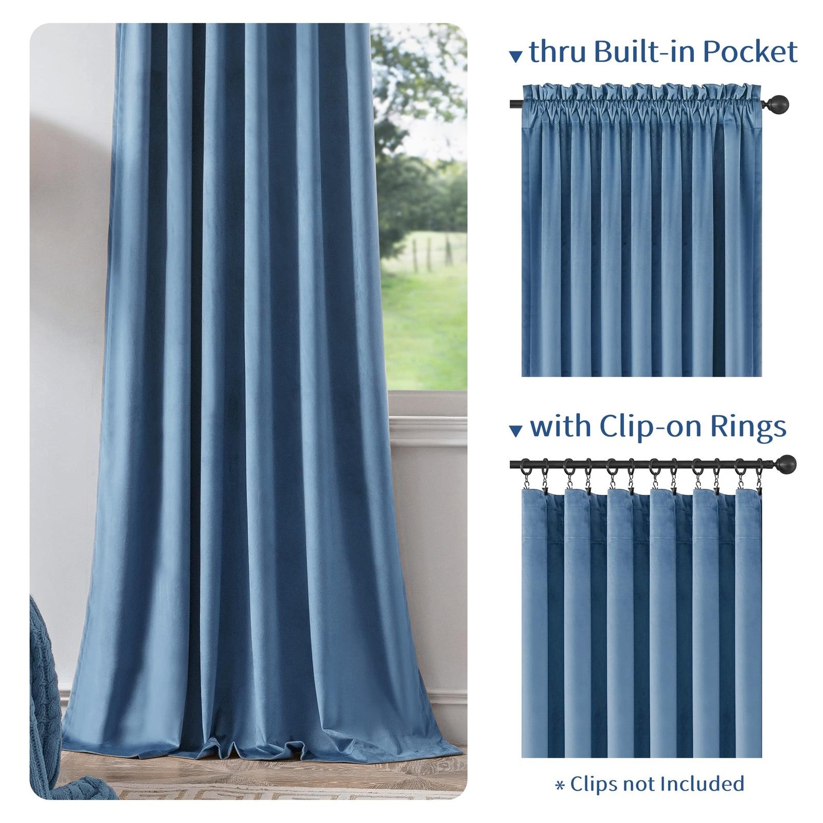 FMFUNCTEX velvet blackout curtains in deep blue, thermal insulated for bedrooms, providing light blocking and stylish decor.