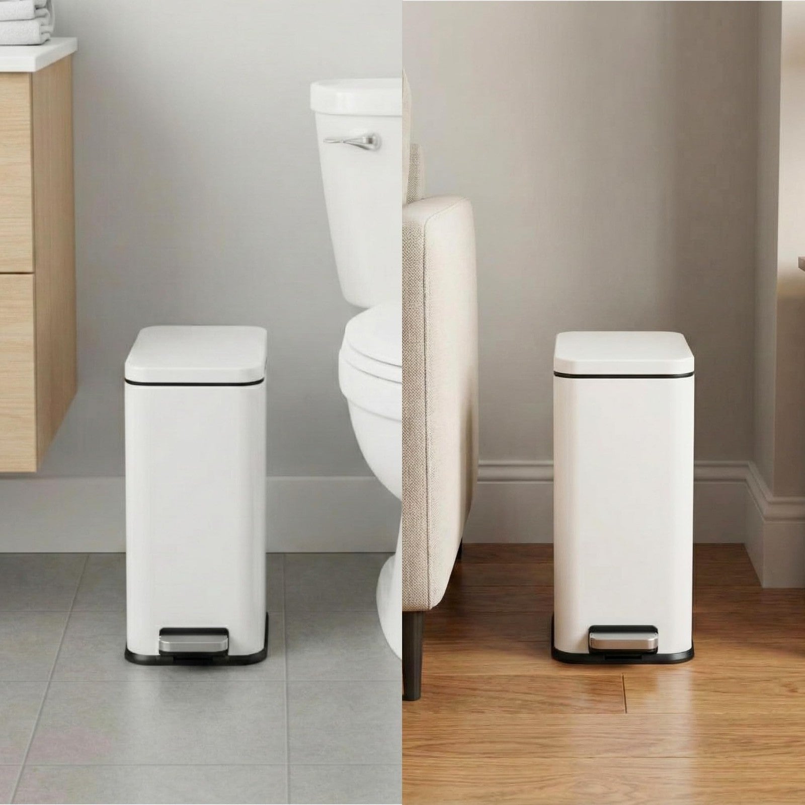 iTouchless 3-gallon slim bathroom trash can with lid and odor filter, featuring soft-step pedal and sleek design.