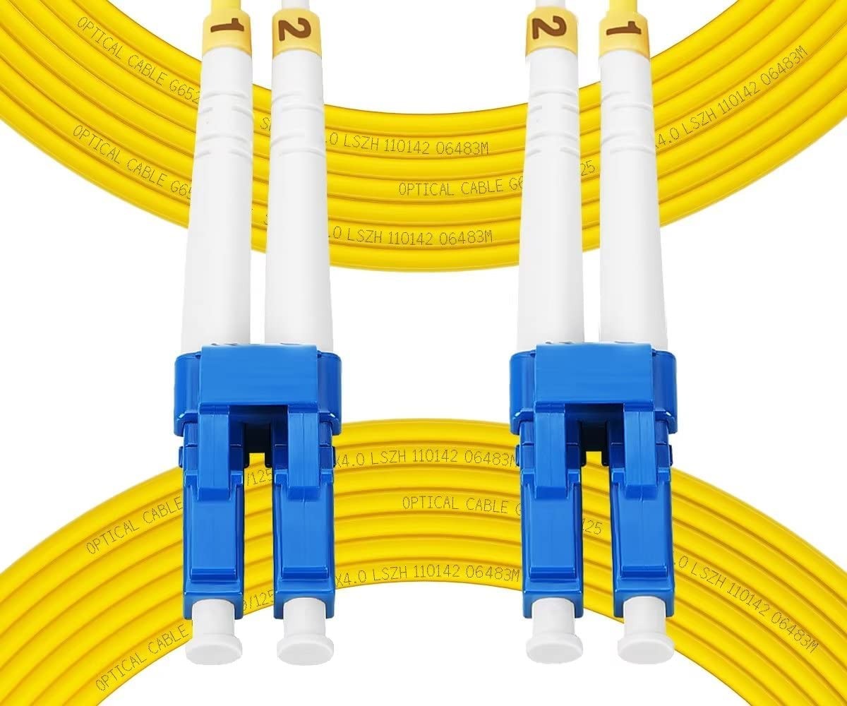 Fibergaga 5-pack 5m OS2 LC to LC fiber patch cables, duplex singlemode 9/125µ, with blue connectors and black cable sheathing.
