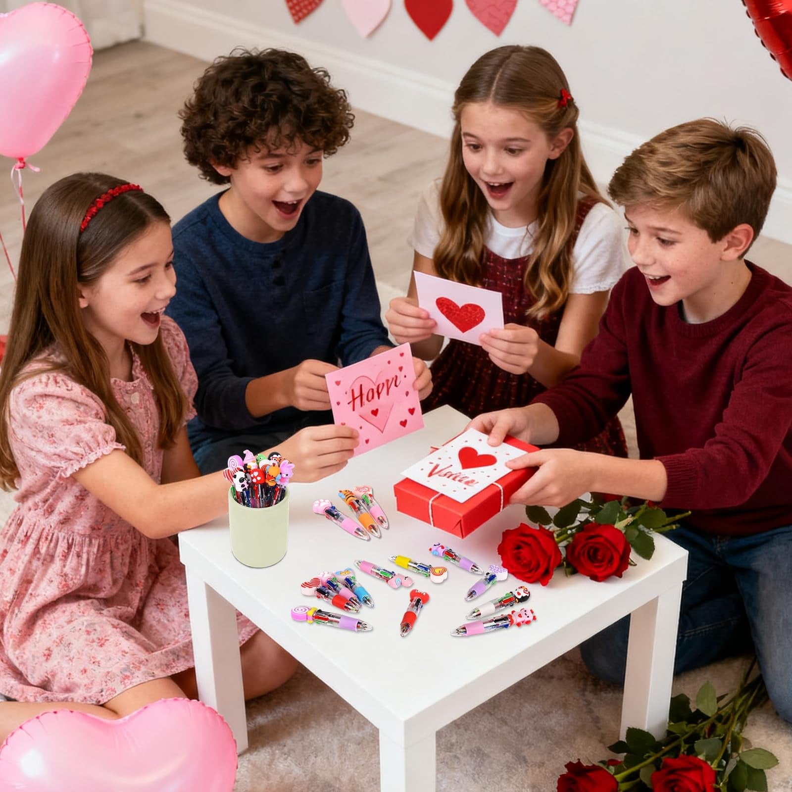 Set of 100 colorful Valentine's Day animal cartoon pens by LiYiQ, featuring fun and cute 4-in-1 multi-color pens.