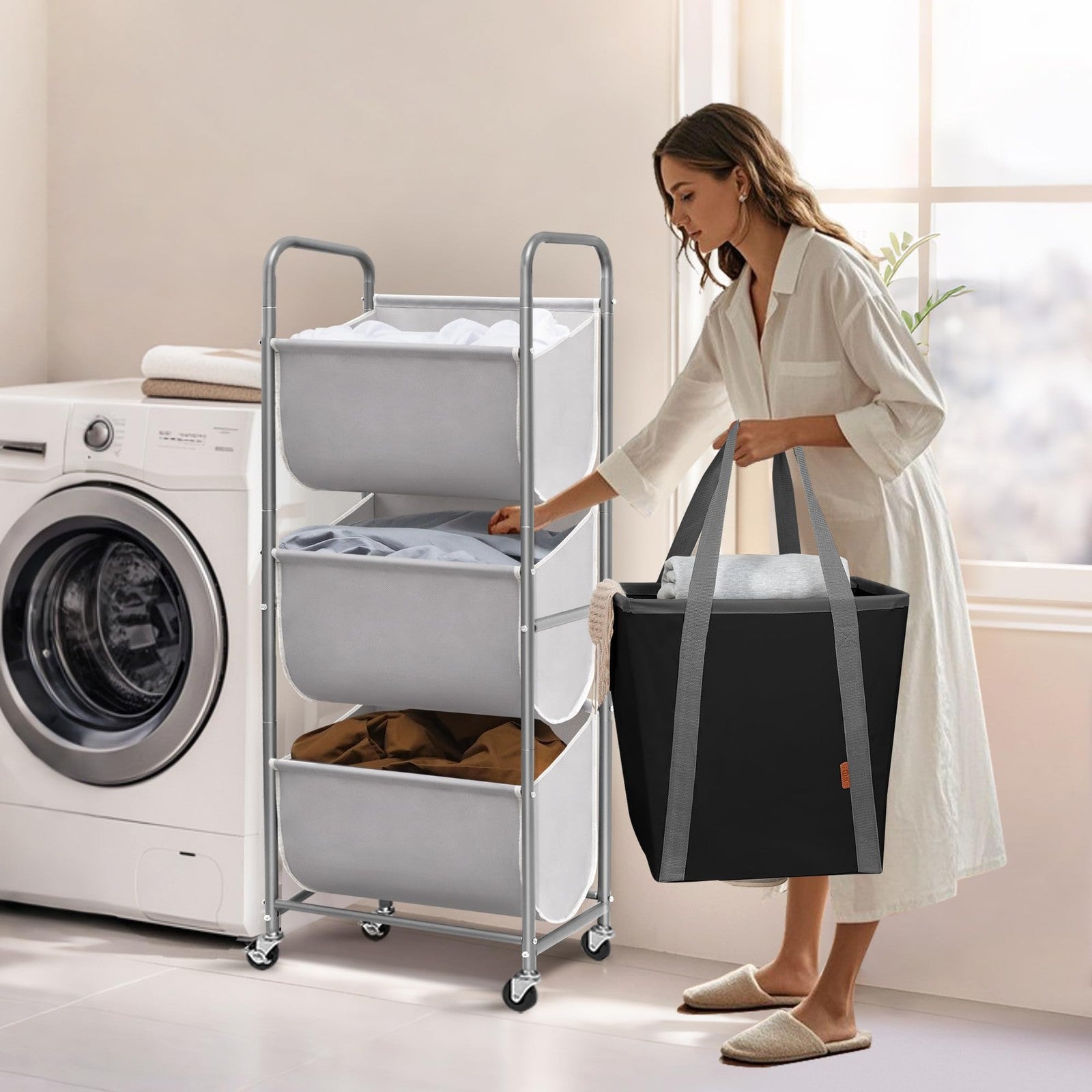 Storage Maniac 120L vertical rolling laundry hamper with three compartments, designed for organized laundry storage.