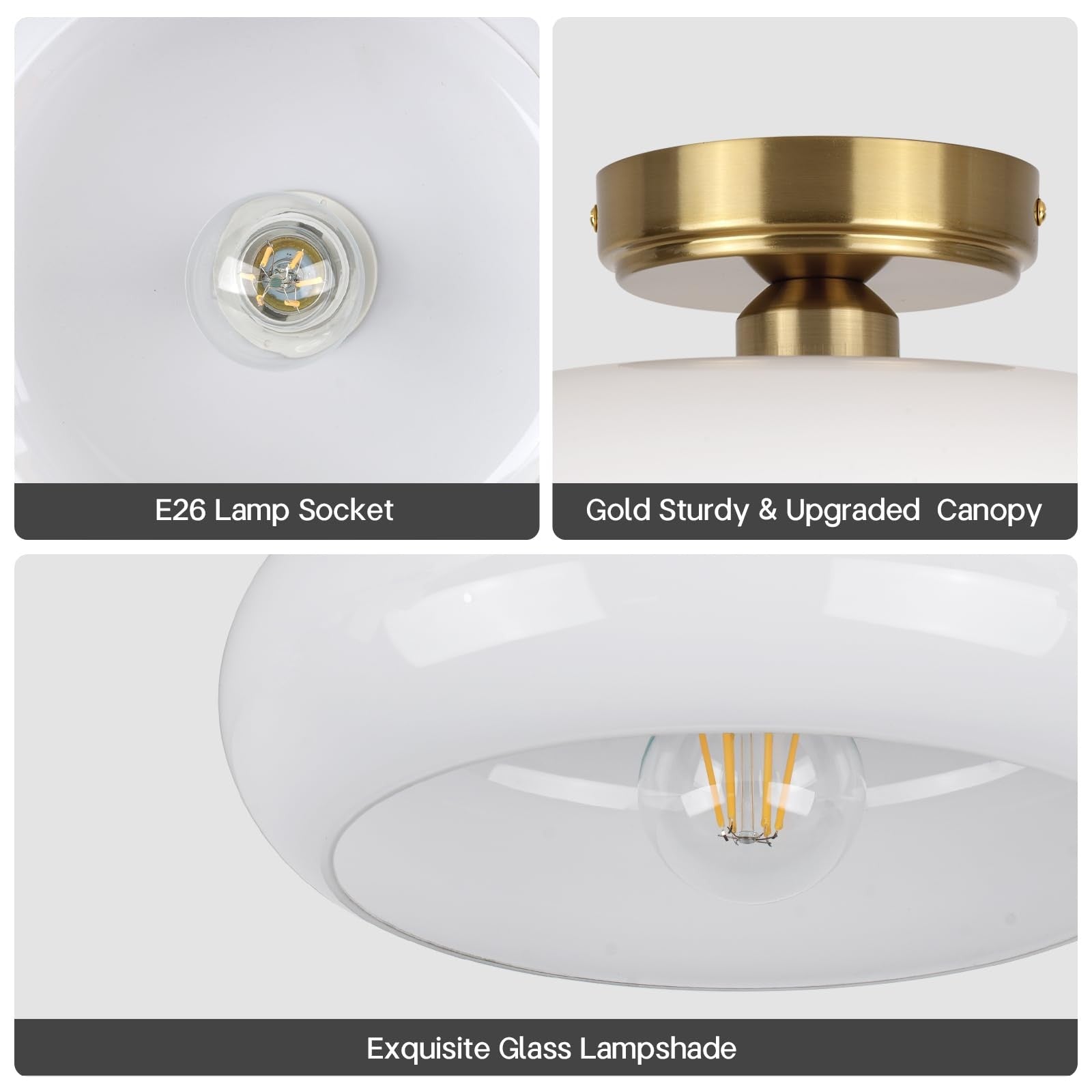 CLARSYNE semi-flush ceiling light fixture with vintage gold finish and 11-inch diameter, mid-century modern style.
