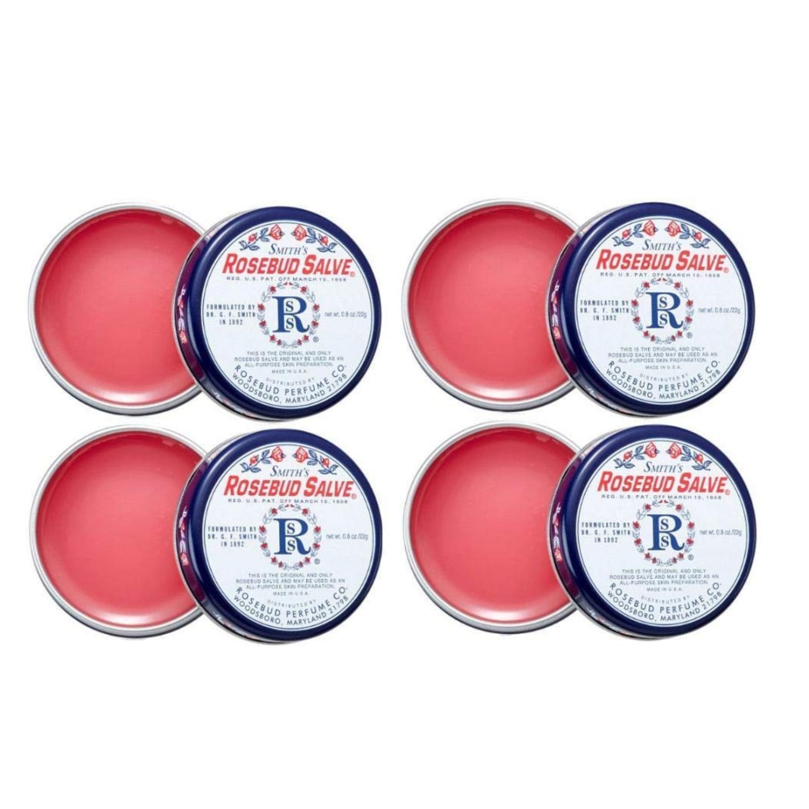 Smith's Rosebud Salve pack of 4 pink tins 0.8 oz each Rosebud Perfume brand