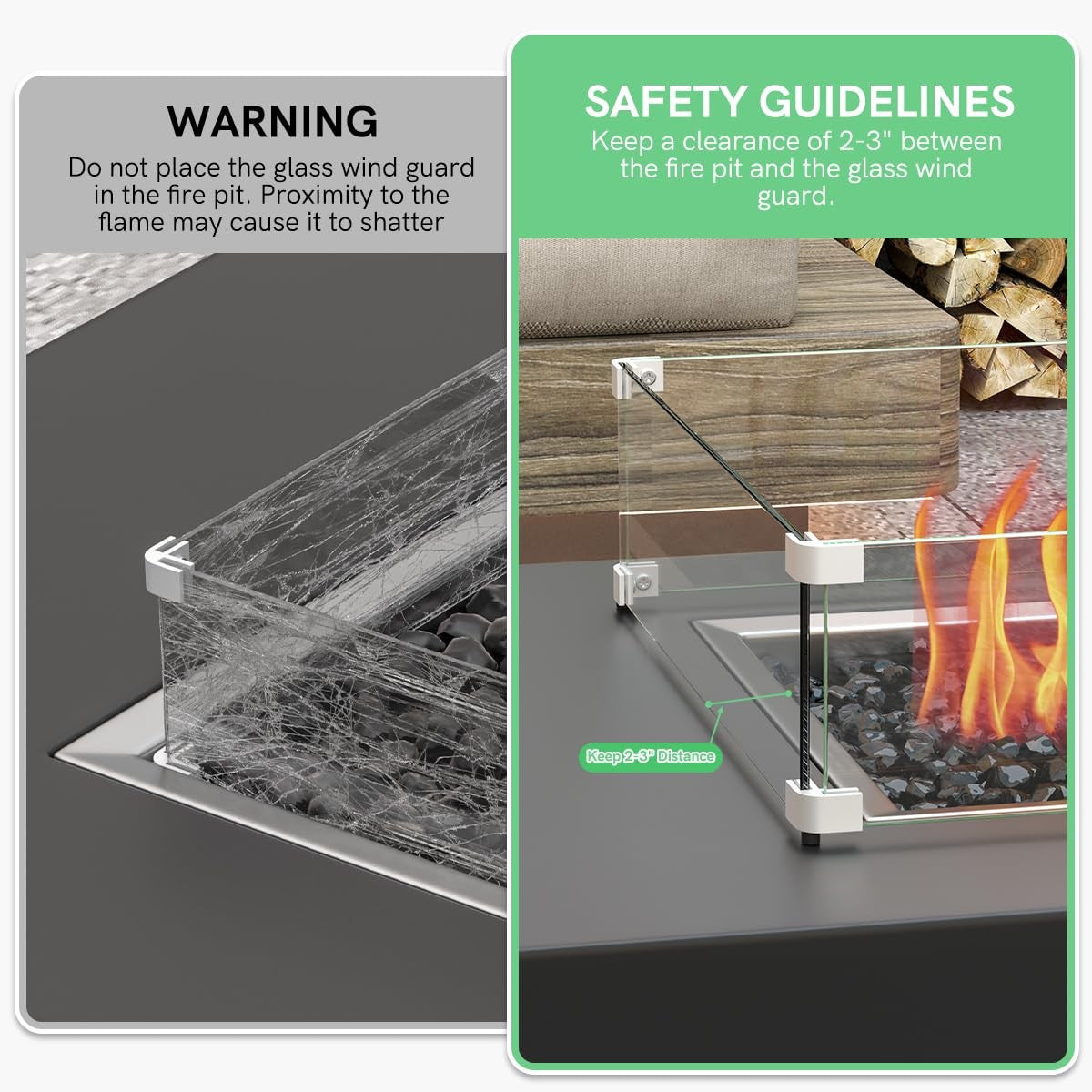 BriSunshine 16x16x6-inch glass wind guard for propane gas fire pit table, clear square safety shield for outdoor heating.