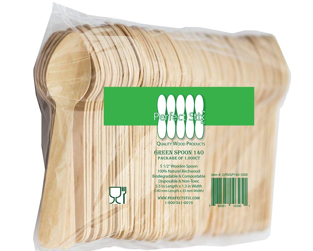 Perfect Stix green wooden compostable spoon, 5.5-inch length, eco-friendly cutlery for sustainable dining.