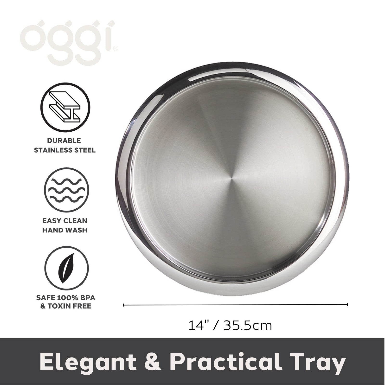 Oggi 14-inch round steel tray with raised edges, ideal for coffee tables, serving tea, or decorative display.