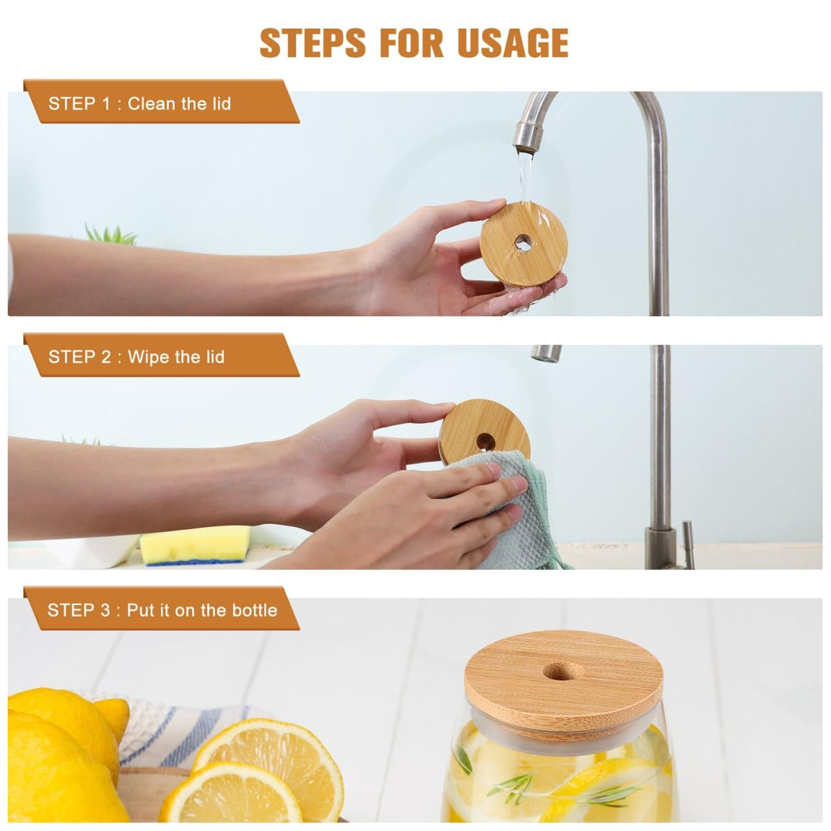 Set of 8 DOITOOL bamboo jar lids with straw holes, reusable bamboo lids for beer cans and glasses, natural bamboo finish.