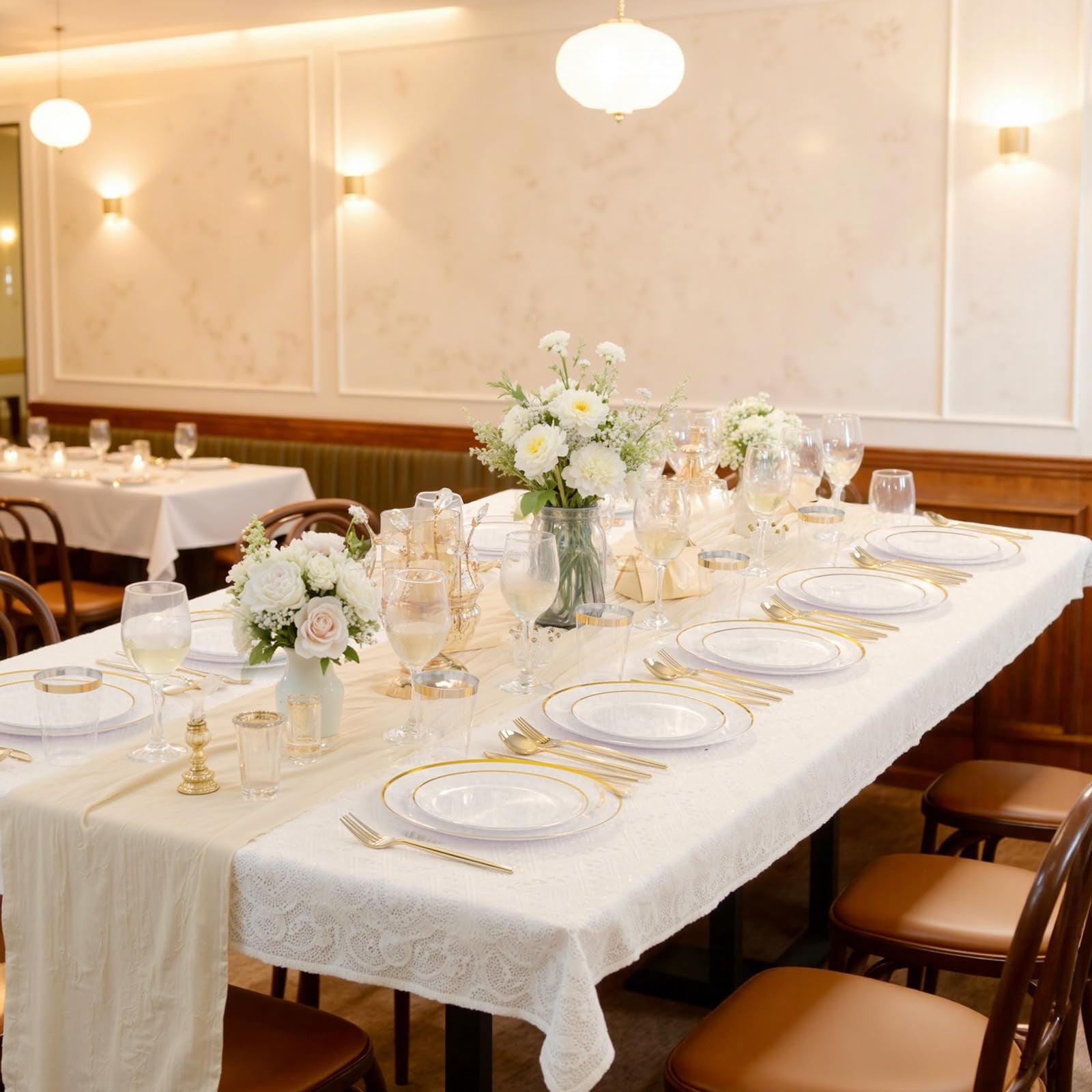 Ejonirinjonir 180-pack white and gold plastic plates for parties, elegant disposable dinnerware for celebrations and events