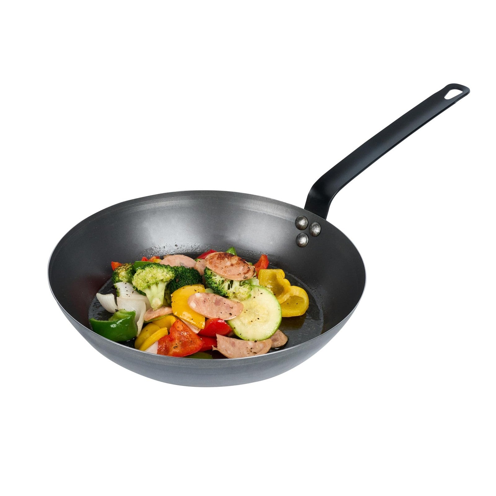 Restaurantware Met Lux 12-inch lightweight frying pan with triple-rive induction-ready surface, shown in use on a stovetop.