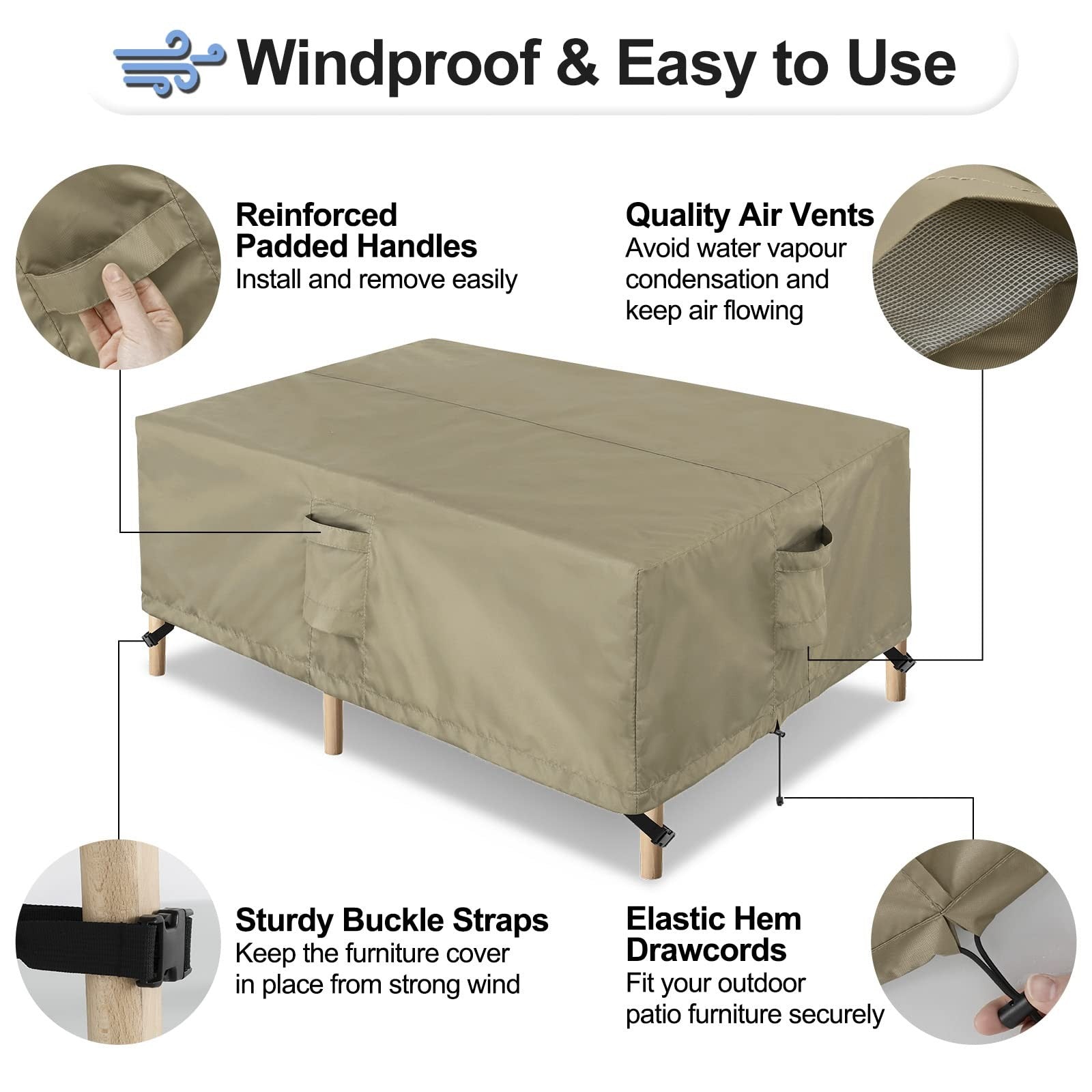 OutdoorLines waterproof rectangle patio table furniture cover protecting outdoor furniture from rain and weather.