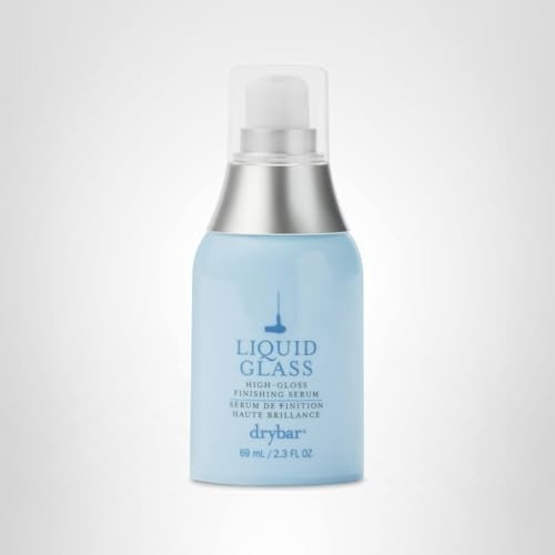 Drybar Liquid Glass High-Gloss Finishing Serum bottle, used post-blowout to add shine and reduce frizz on smooth hair.