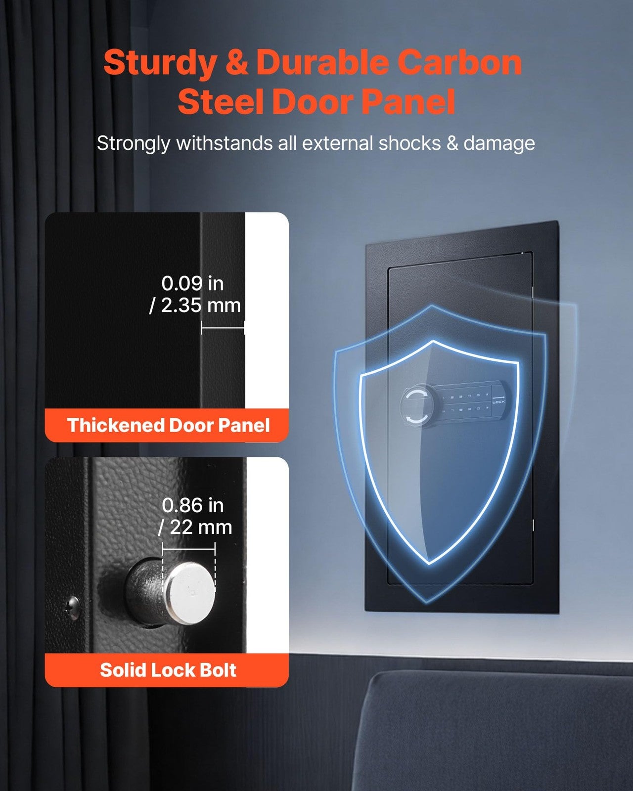 Vevor 25.6-inch high wall safe with three tiers, hidden wall-mounted design, keypad lock, and secure key access.