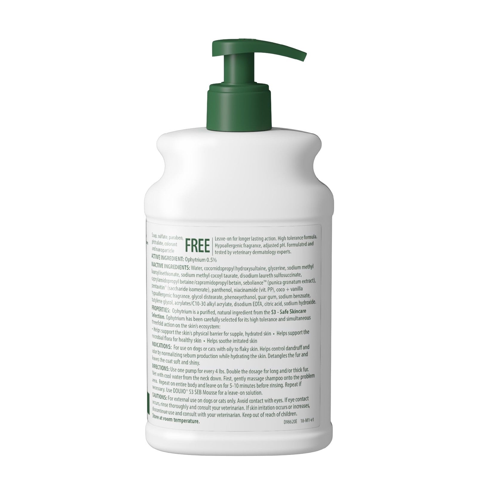 Douxo S3 Seb Shampoo with Ophytrium showing a bottle of odor control and seboregulating dog or cat shampoo.