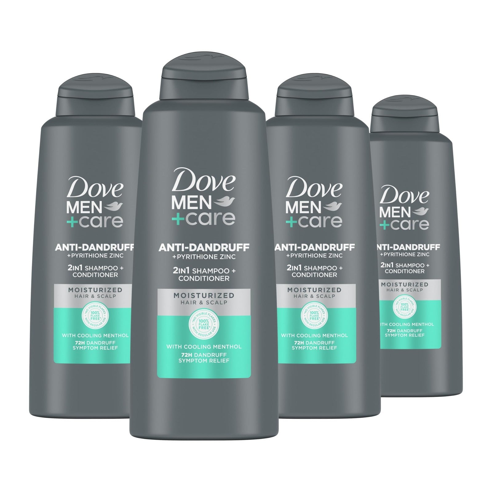 Dove Men+Care 2-in-1 Dandruff Defense Shampoo and Conditioner bottles, 20.4 oz each, with label displaying product details.