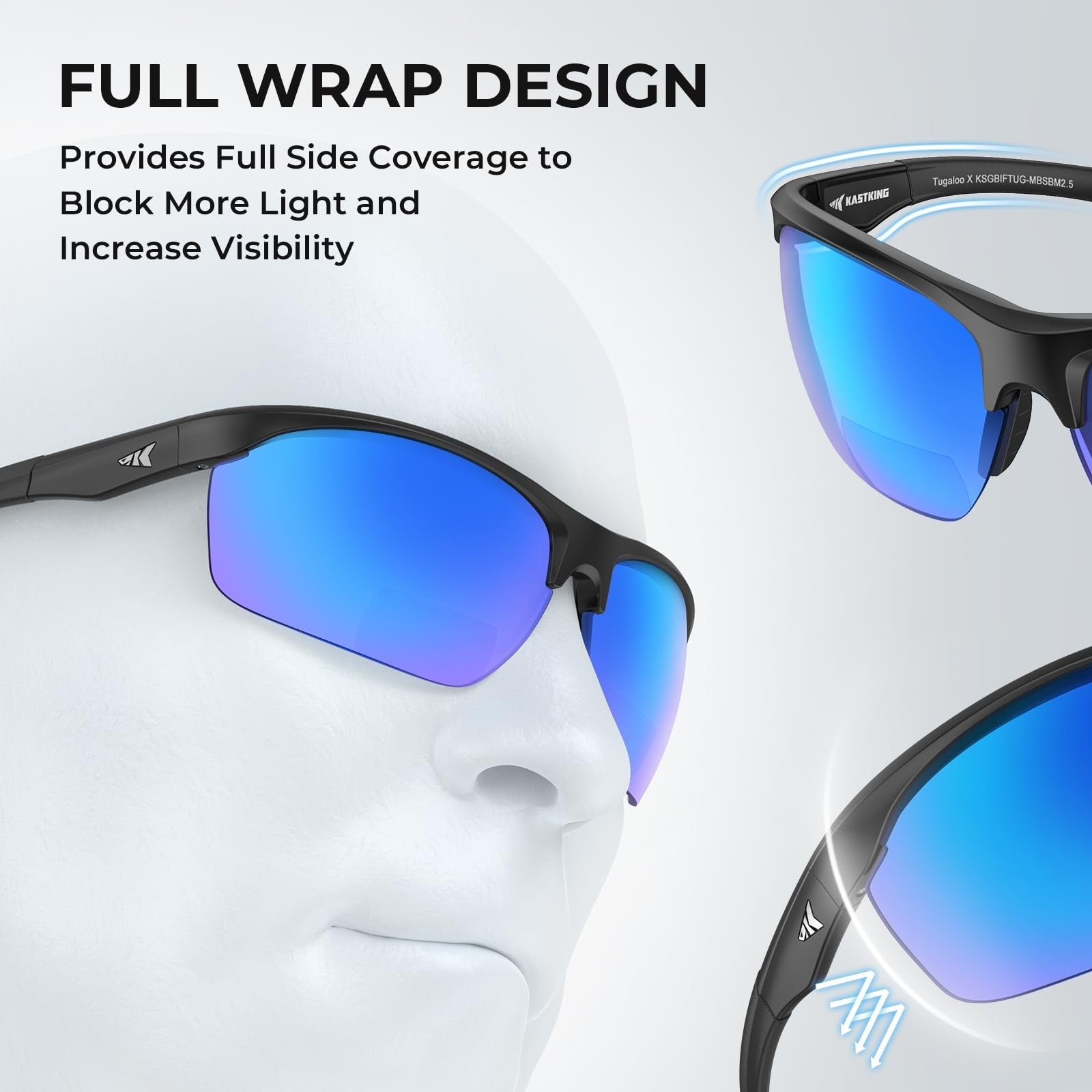 KastKing Tugaloo semi-rimless polarized bifocal reader sunglasses with 1.5 magnification, featuring black frames and tinted lenses.