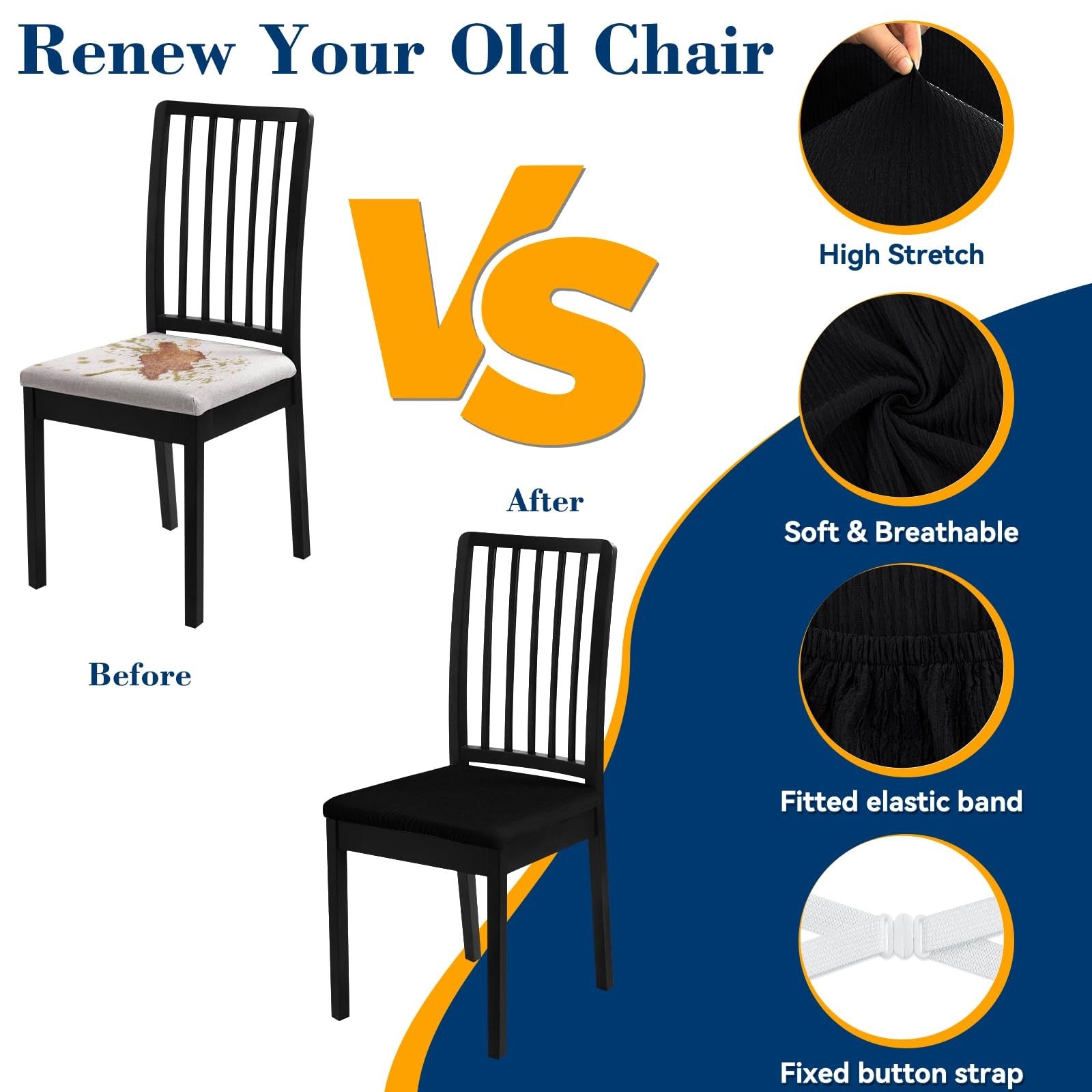 Set of 8 washable Fafua dining chair seat covers, showcasing fabric material and fitted design for a modern dining room look.