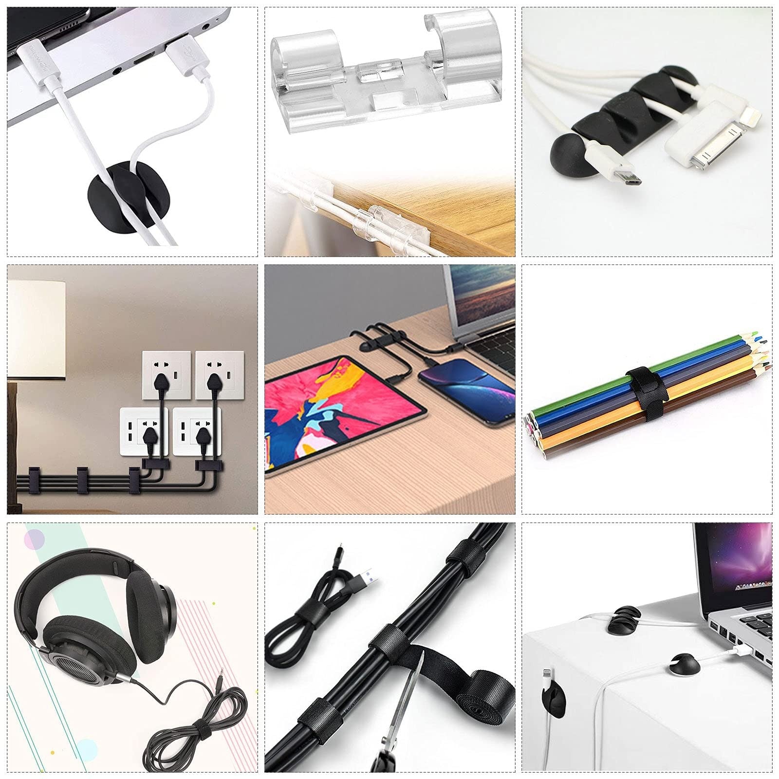 N NOROCME cord management organizer kit with four cable sleeves and self-adhesive clips for cable organization and neat wiring.