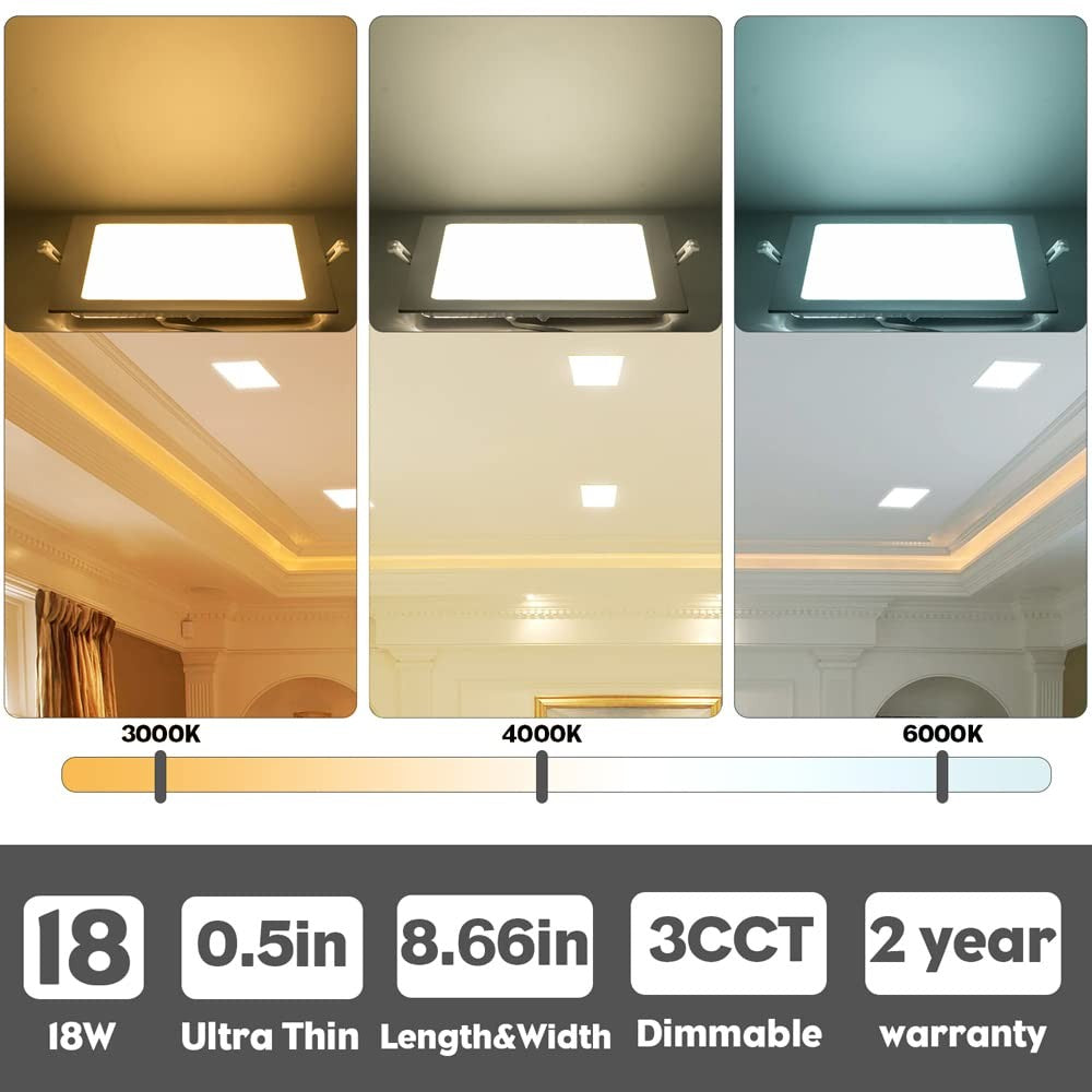 QIBANG 2-pack 8-inch dimmable square recessed lights with junction box and 3CCT adjustable color temperature for modern ceiling lighting.