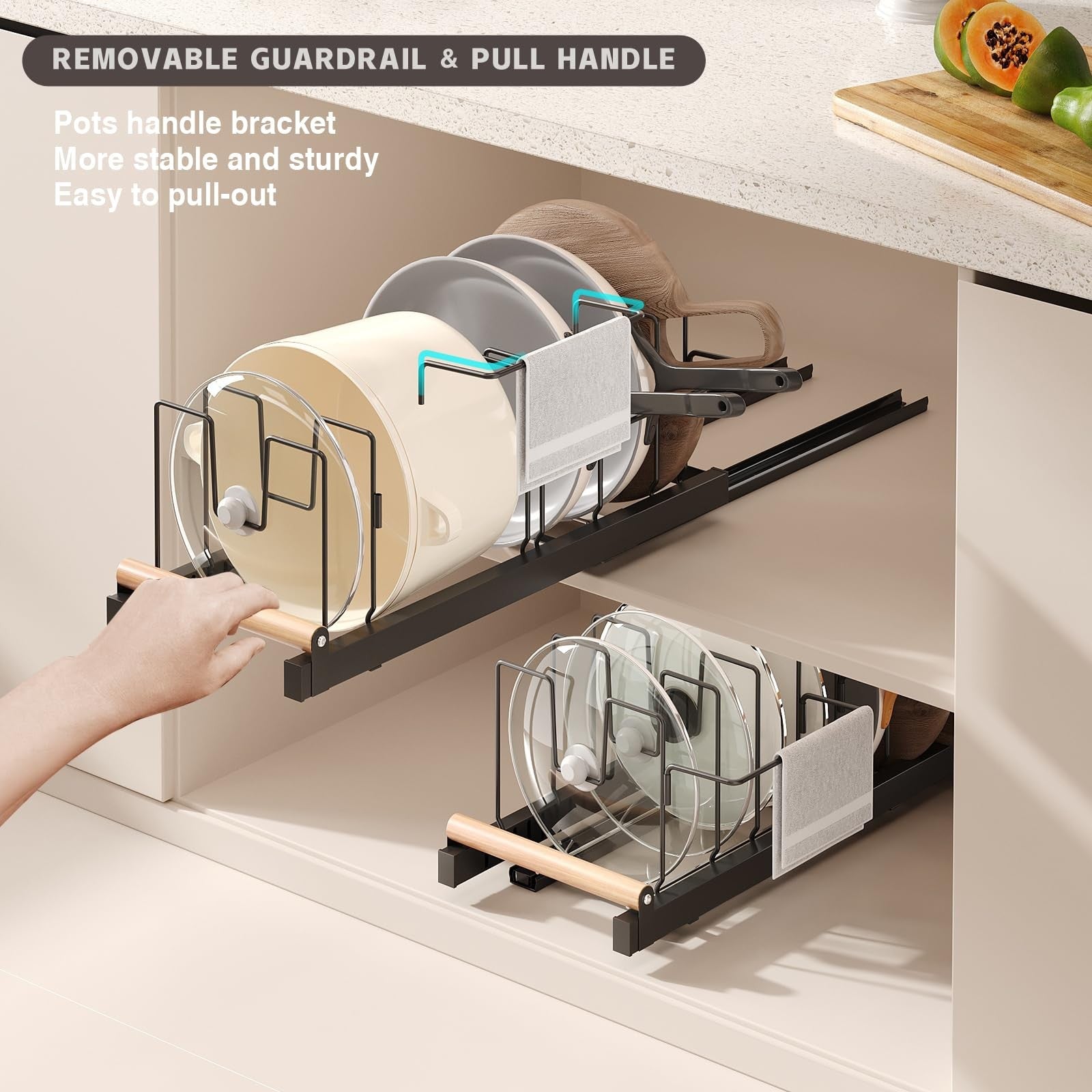 Magheo pull-out pots and pans organizer under cabinet, 22-inch deep expandable lid storage solution with metal construction