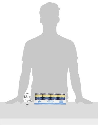 Cans of Blue Buffalo Freedom Grain-Free Senior Wet Dog Food with blue labels and images of dog ingredients, no artificial additives.