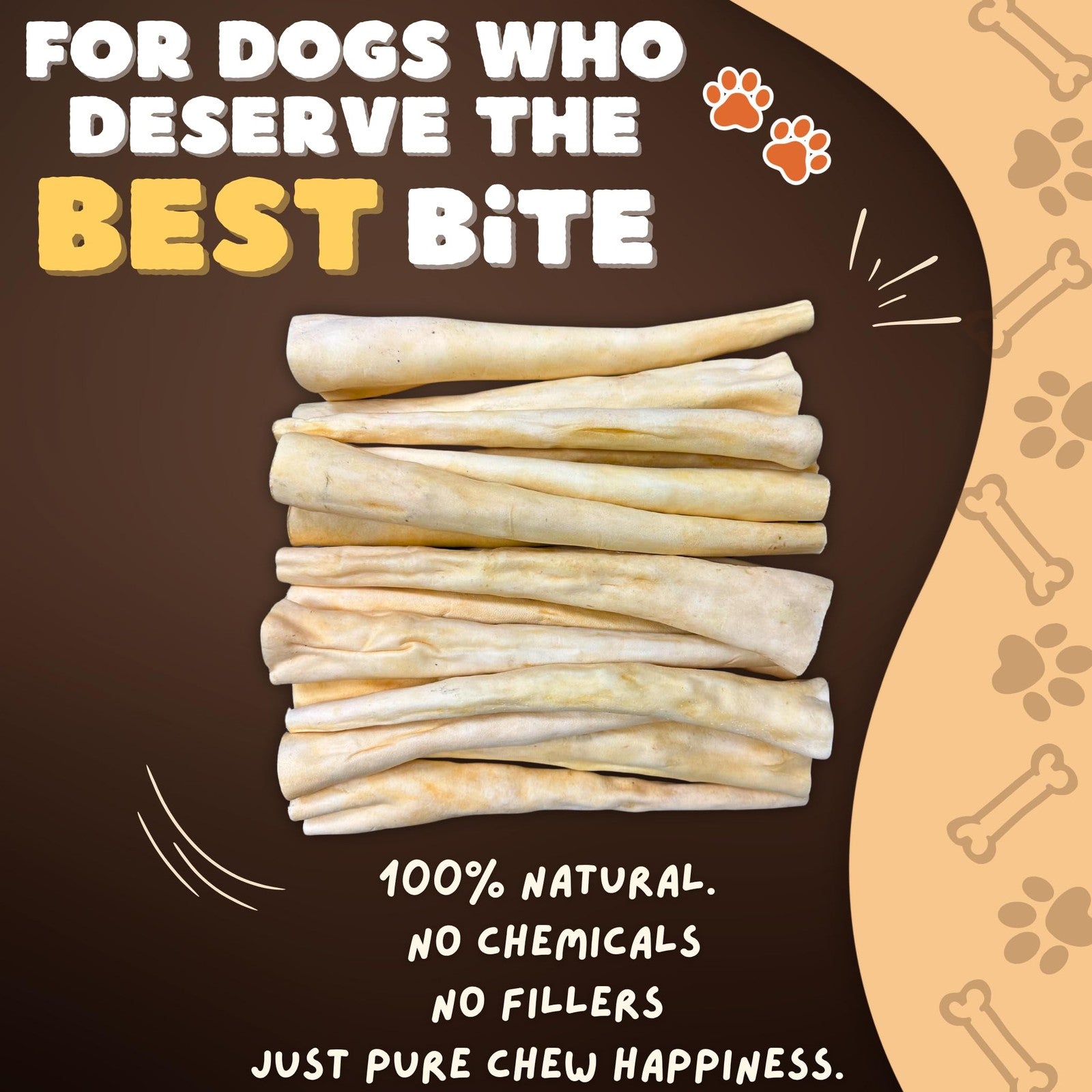 Woofley's 12-inch cow tail dog chews made from high-protein ox tail bones, displayed in a pack of 25.
