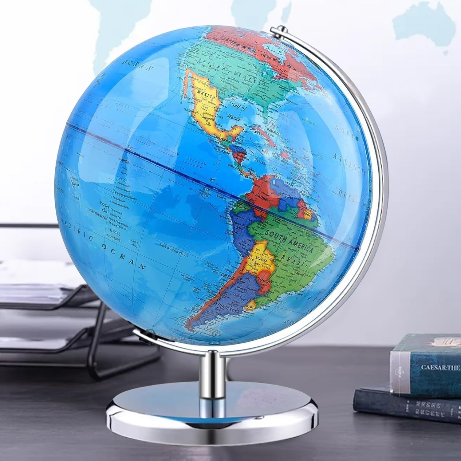 TTKTK world globe with stainless steel stand, rotating Earth spinning globe for educational and decorative use.