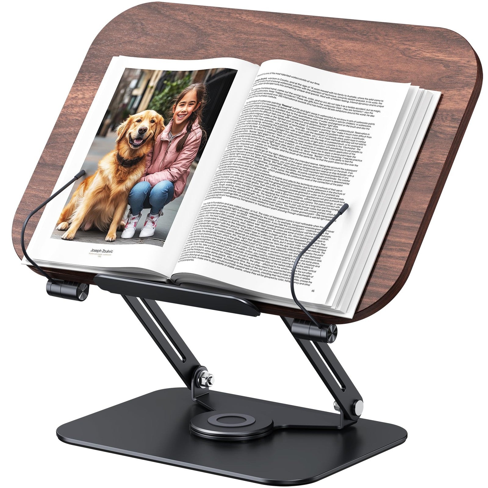 MOKURU adjustable foldable book stand for reading, with 360° rotation and support for books of various sizes.