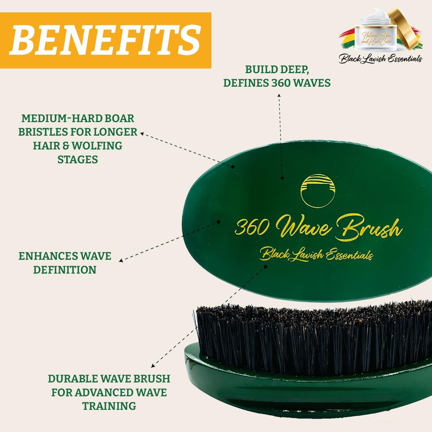 Black Lavish Essentials 360 wave brush with curved design, soft and hard boar bristles for building deep, smooth waves.