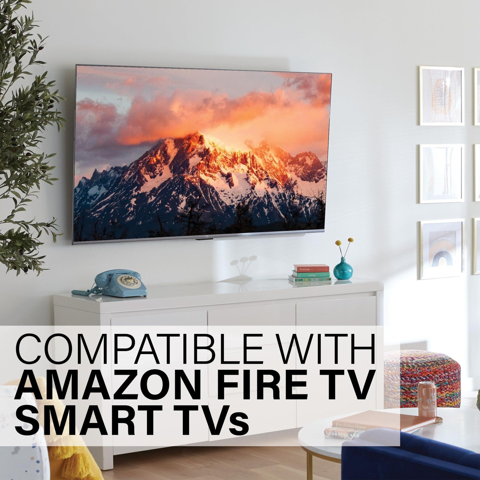 Sanus no drill, no stud TV wall mount for 32-85 inch TVs, showing mounted TV on a wall with secure brackets