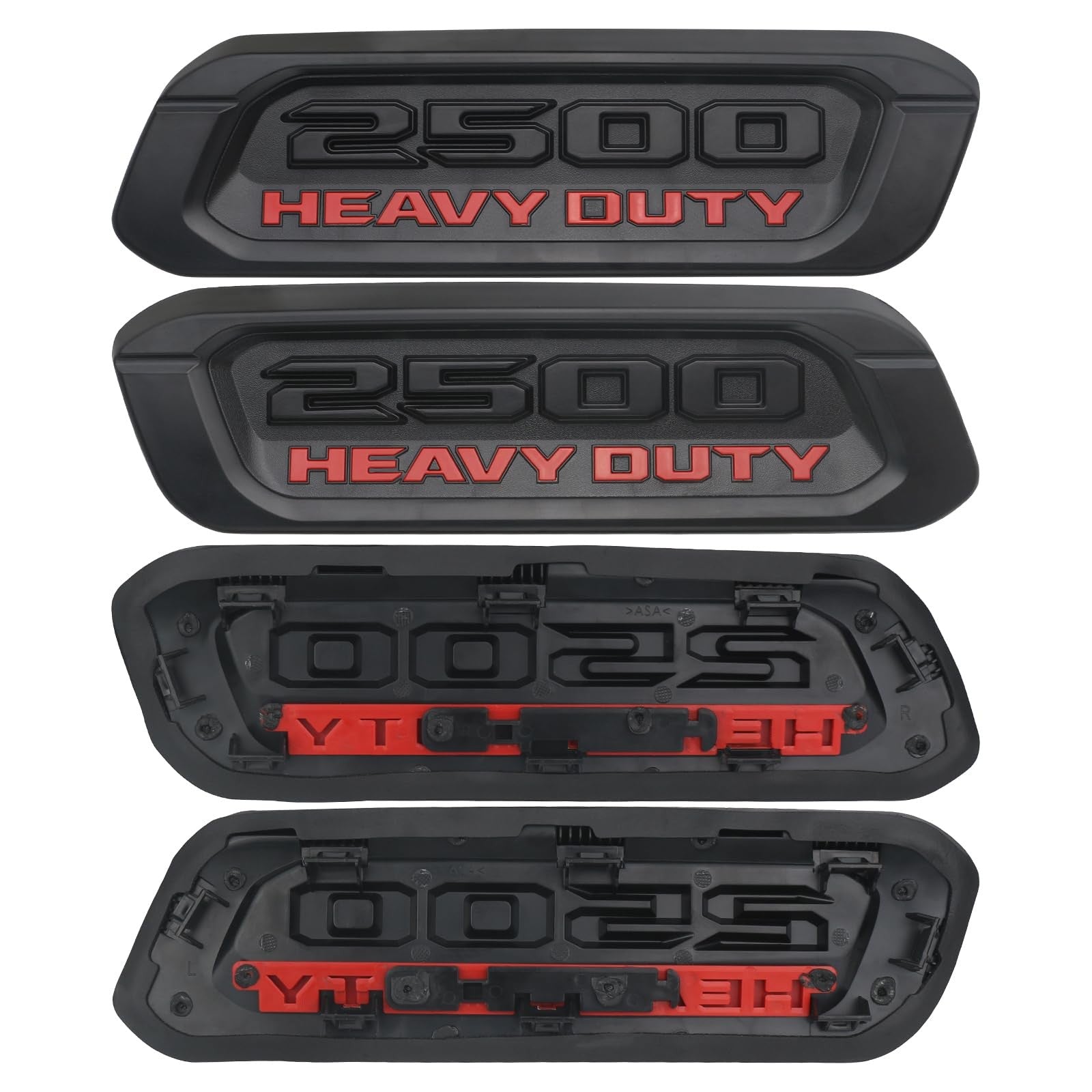 Pair of TQPONLY RAM 2500 heavy duty truck hood emblems and badges, side nameplate bezels for 2019-2024 models, front view.