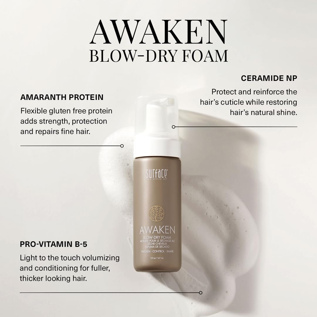 SURFACE Hair Awaken Thickening Blow Dry Foam for fine, fragile hair, showing the foam applied to hair for volume and protection.