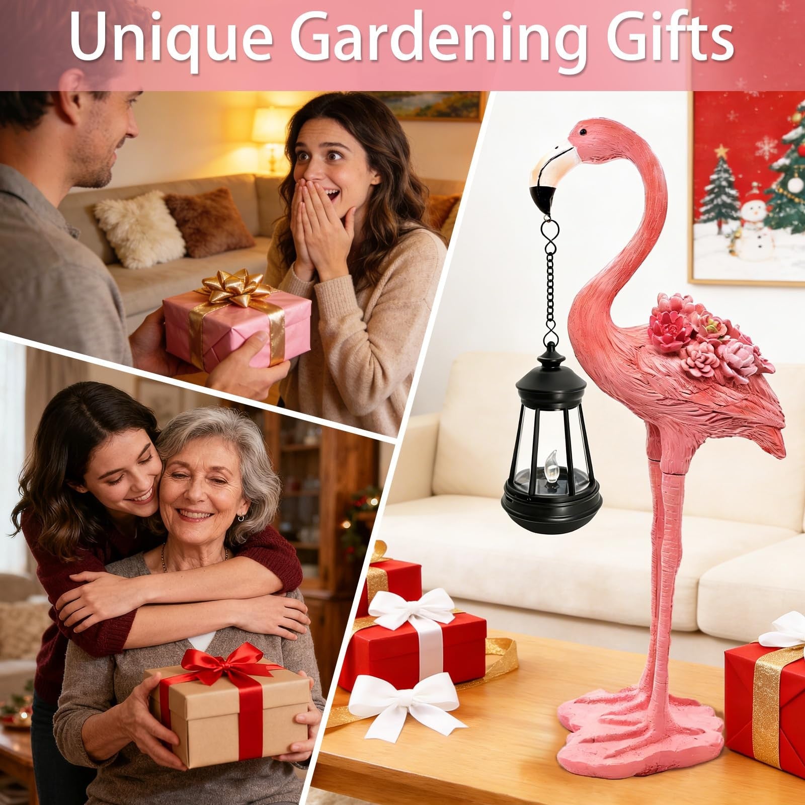 Yulloyello flamingo solar garden statue, 18.9-inch pink flamingo figurine with hanging solar lantern in outdoor yard setting