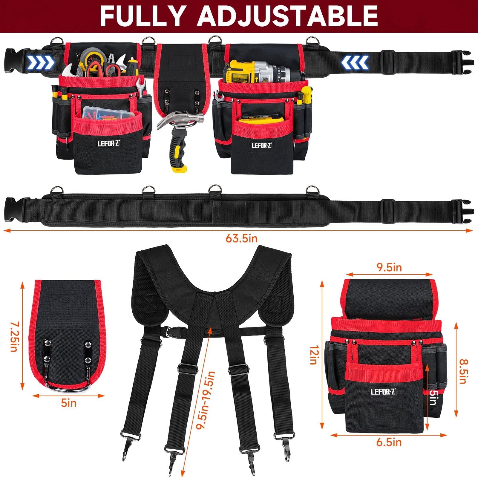 LEFOR·Z heavy-duty tool belt with suspenders and 27 pockets, featuring magnetic tool holders, designed for men.