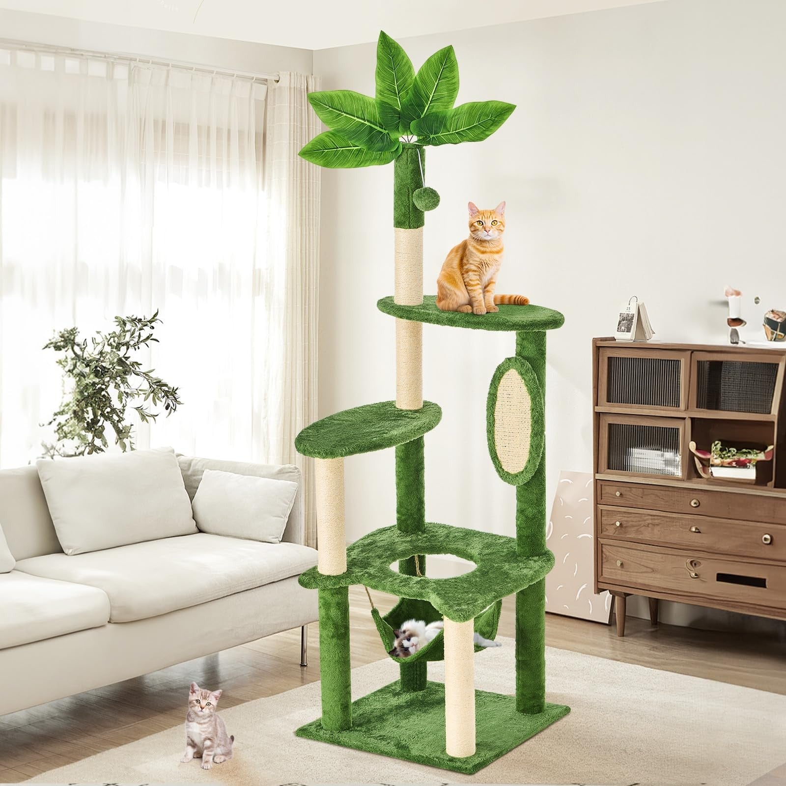 TSCOMON 61-inch multi-level cat tree with green leaves and cozy hammock for cats to climb, scratch, and rest comfortably.