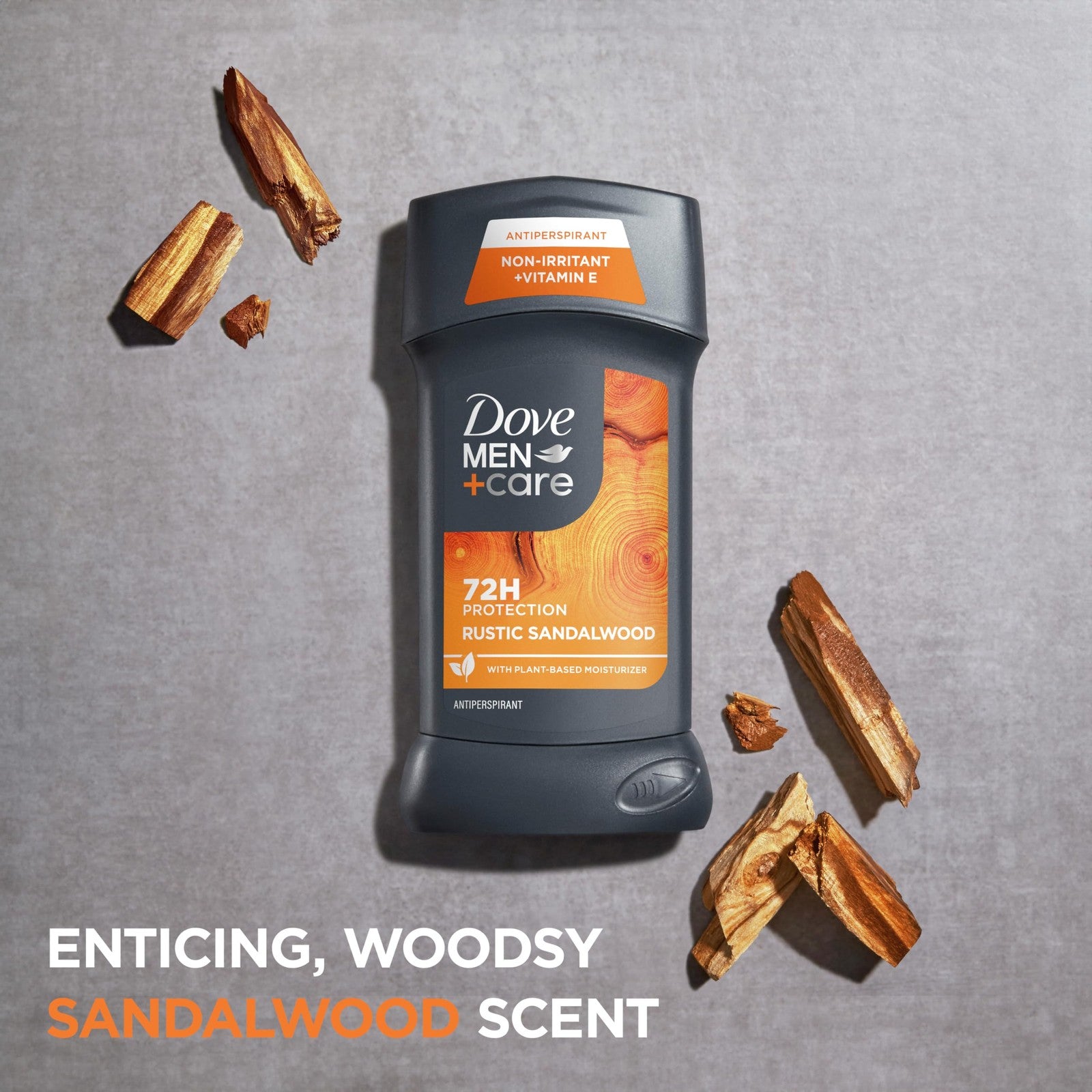 Three DOVE MEN + CARE Rustic Sandalwood antiperspirant deodorants in 2.7oz sticks with beige packaging and black caps.