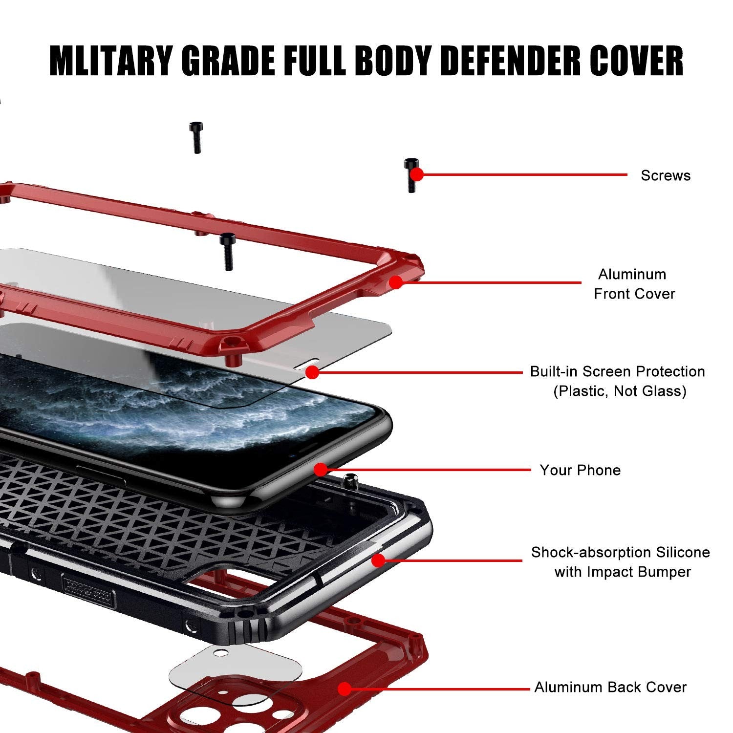 Heavy-duty waterproof case for iPhone 11 Pro, military-grade shockproof protection, unbranded in black with rugged design.