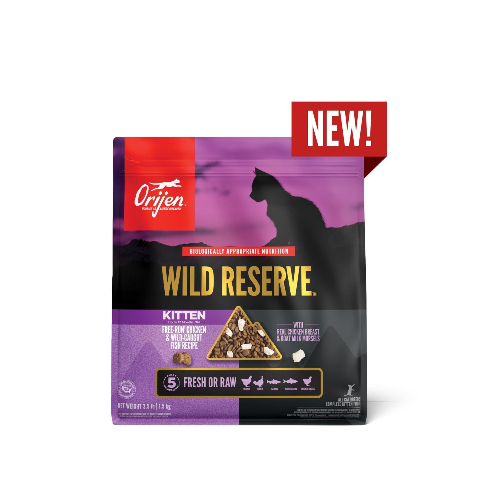 Bag of ORIJEN Wild Reserve dry cat food with free-run chicken and wild-caught fish, featuring natural ingredients for kittens.