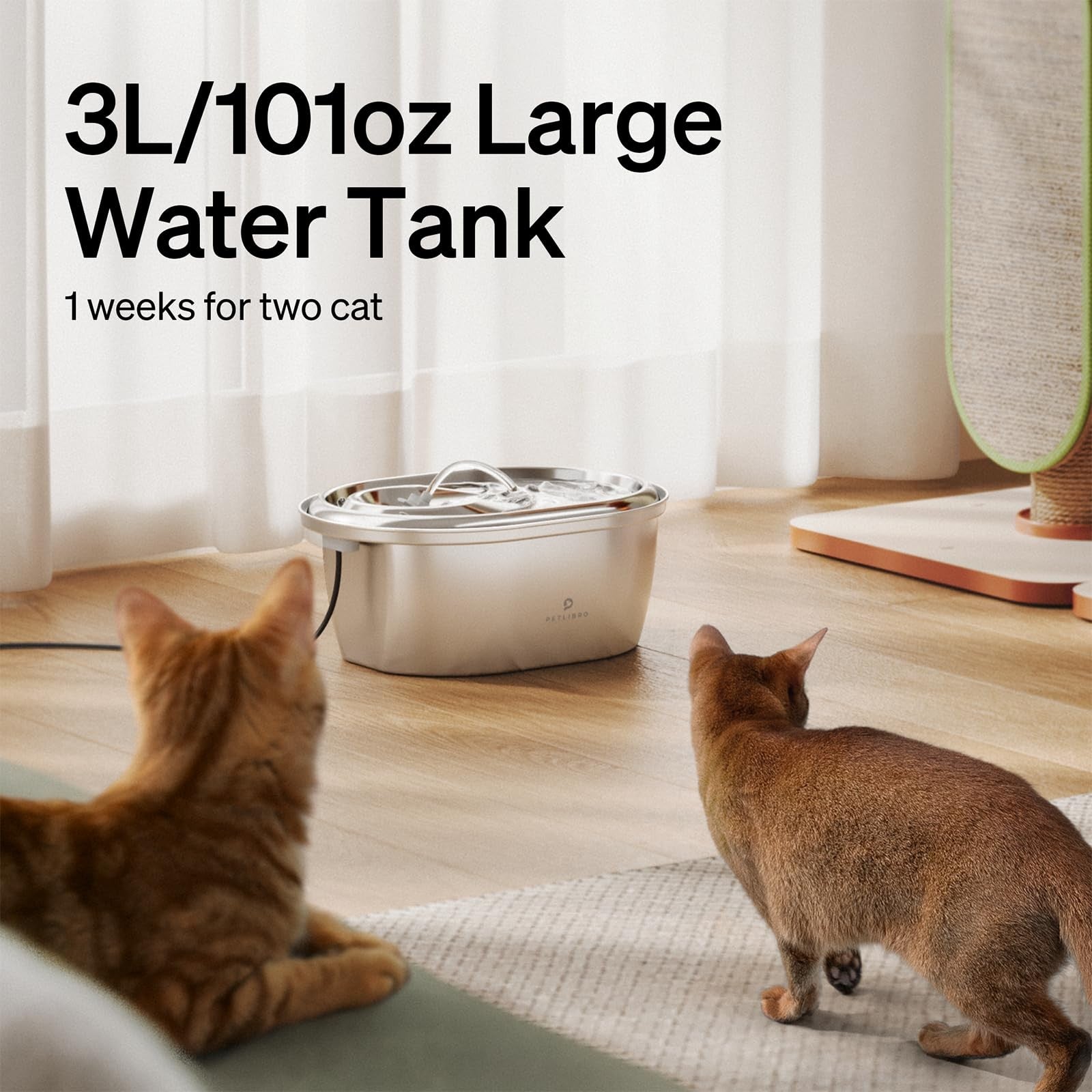 Petlibro stainless steel cat water fountain with 101oz capacity, four filters, and sponges, designed for fresh, clean hydration for cats.