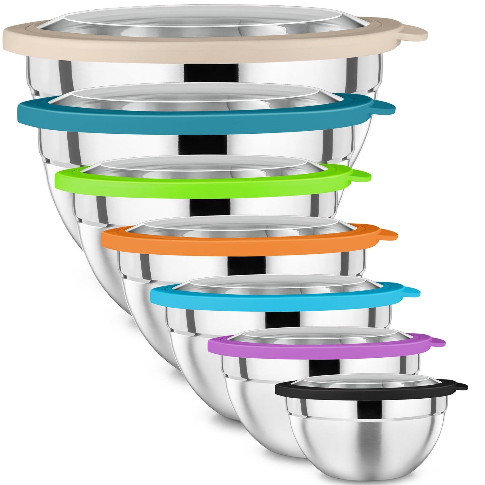 Set of 7 stainless steel P&P CHEF mixing bowls with lids, nesting salad bowls for kitchen prep and storage.