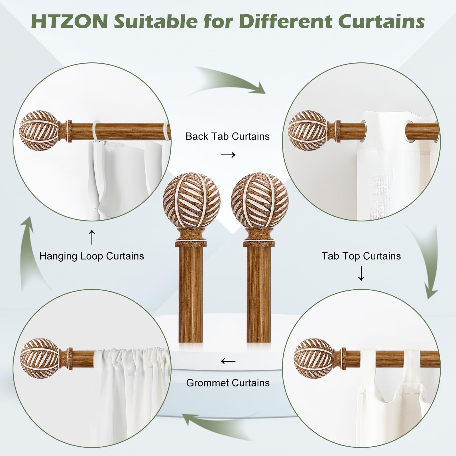 HTZON 2-pack wood curtain rods with decorative finials, adjustable 28-48 inches, featuring boho style and 1-inch diameter.