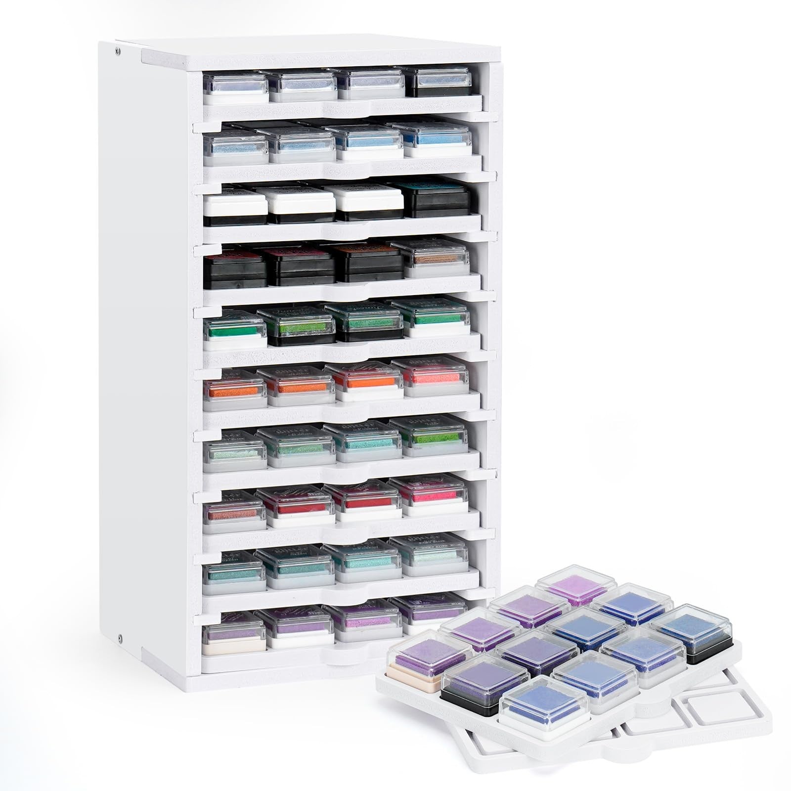 SANFURNEY ink pad trays organizer rack with 10 slots for mini ink pads and stamp storage, compact and practical for craft supplies.