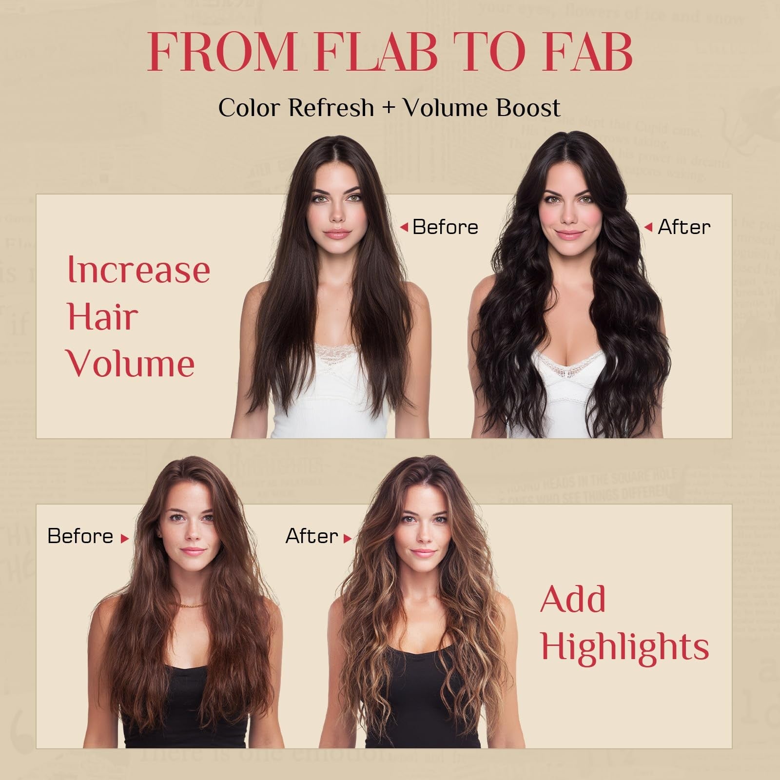 Rich Choices clip-in hair extension with real human hair, wavy and curly 6-piece set, shown with multiple clipped sections.