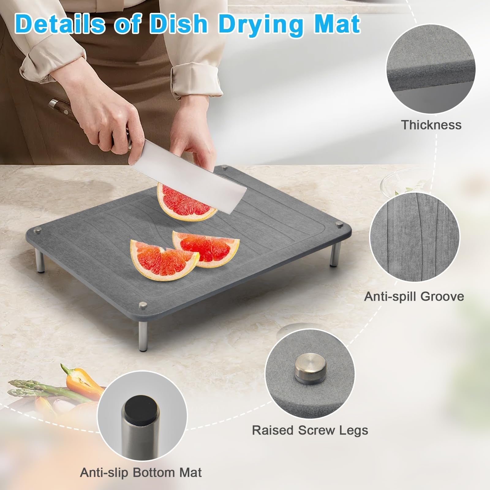 Wishfly 3-piece nesting stone drying mat set for kitchen counters, quick-drying stone dish drying mats with textured surface.