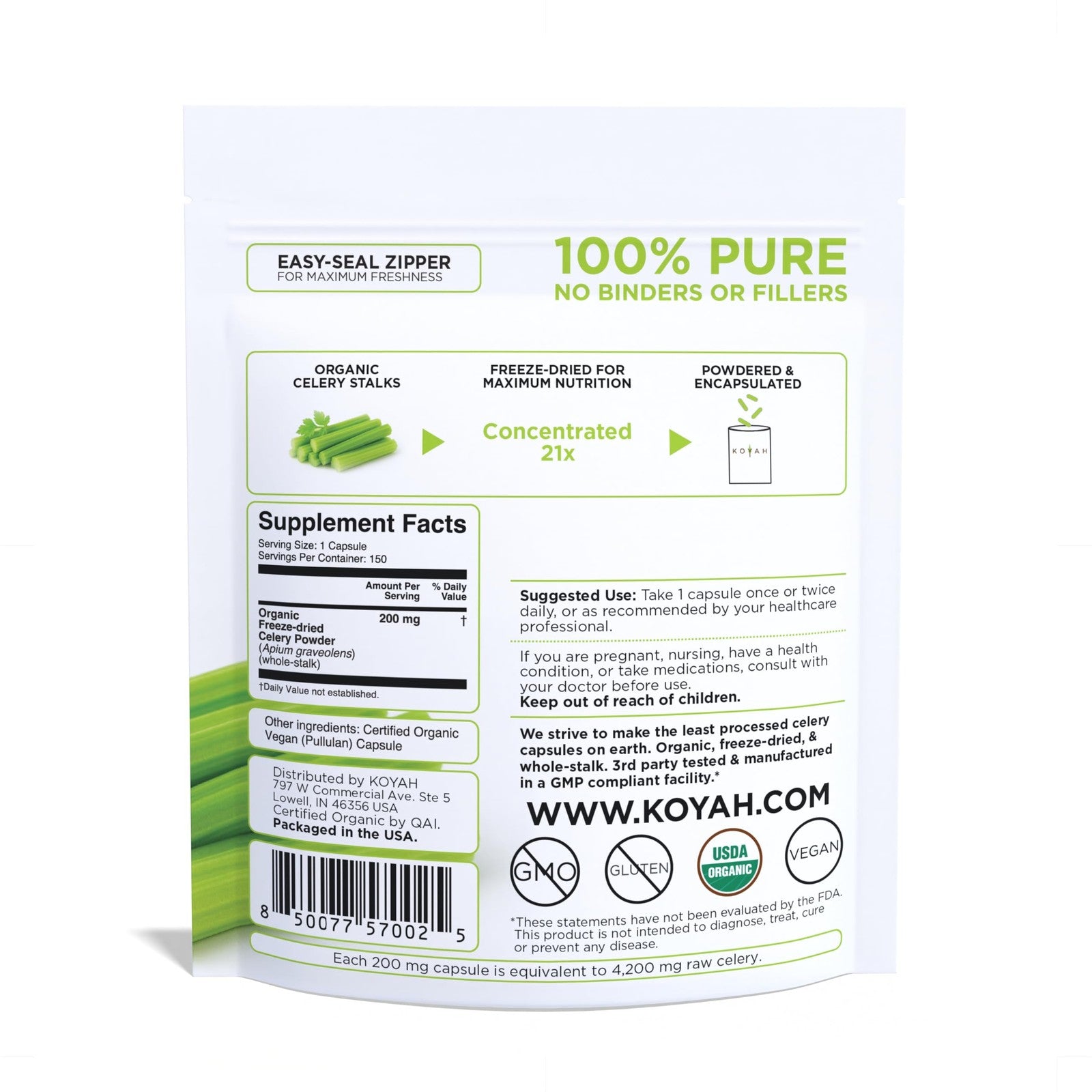KOYAH organic celery capsules jar with label, showing freeze-dried whole-stalk celery powder in a clear container.