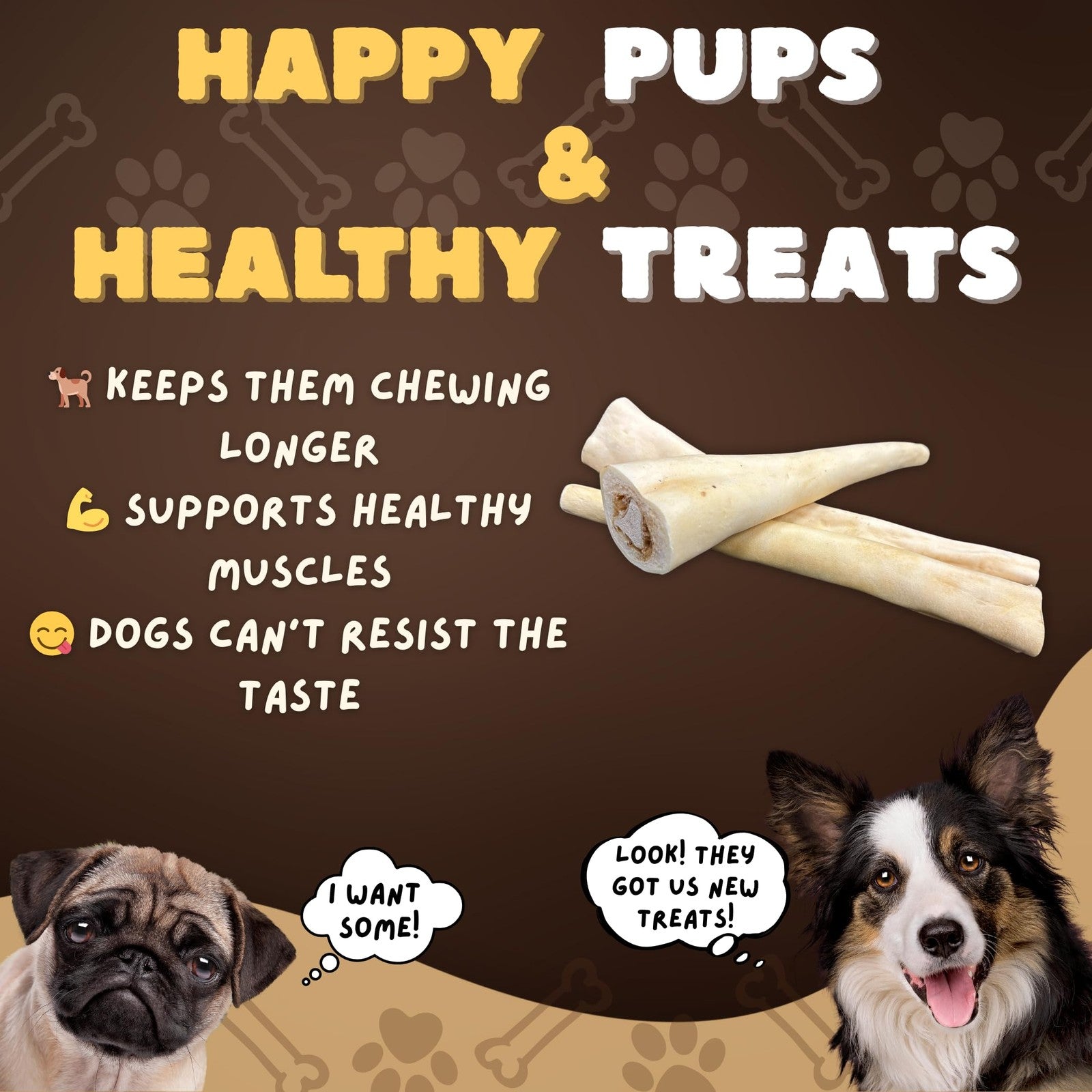 Woofley's 12-inch cow tail dog chews, high-protein ox tail bones, 25-pack, showing textured, natural beef tail bones for dogs.