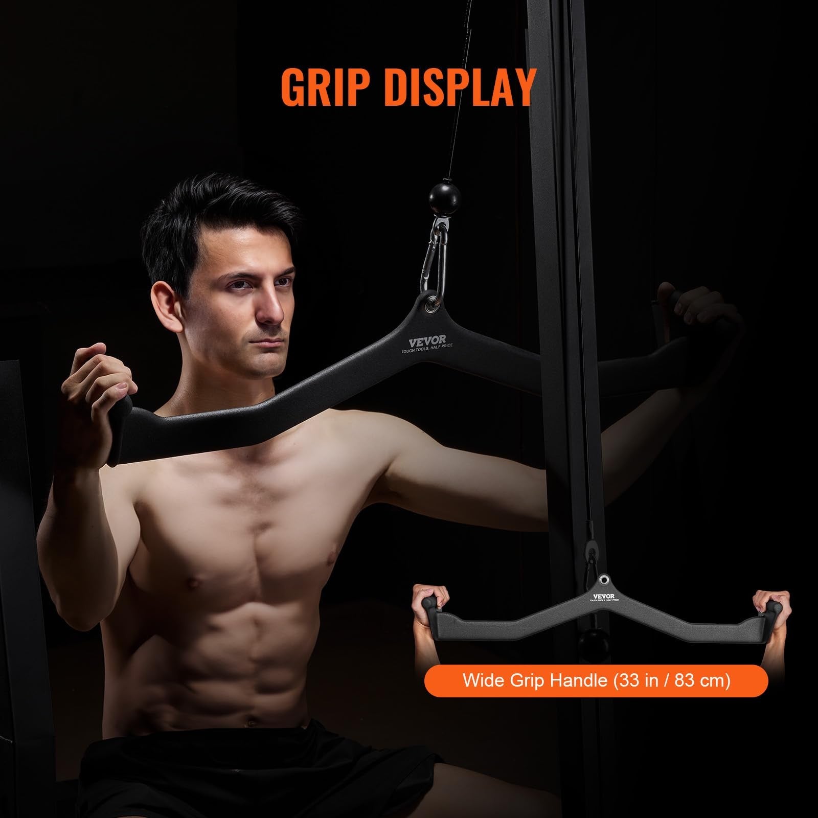 VEVOR LAT pulldown attachment with V-bar for cable machine rowing and tricep exercises, shown attached to a gym cable system.