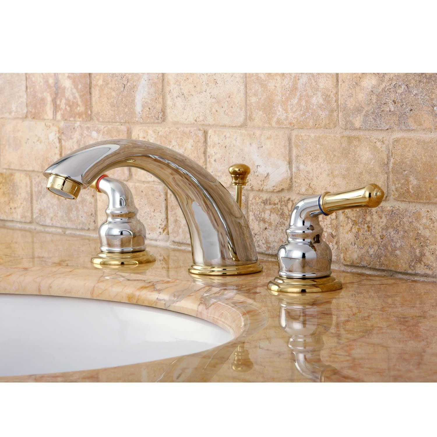 Kingston Brass Magellan Widespread Bathroom Faucet with retail pop-up in polished finish, featuring modern chrome design.