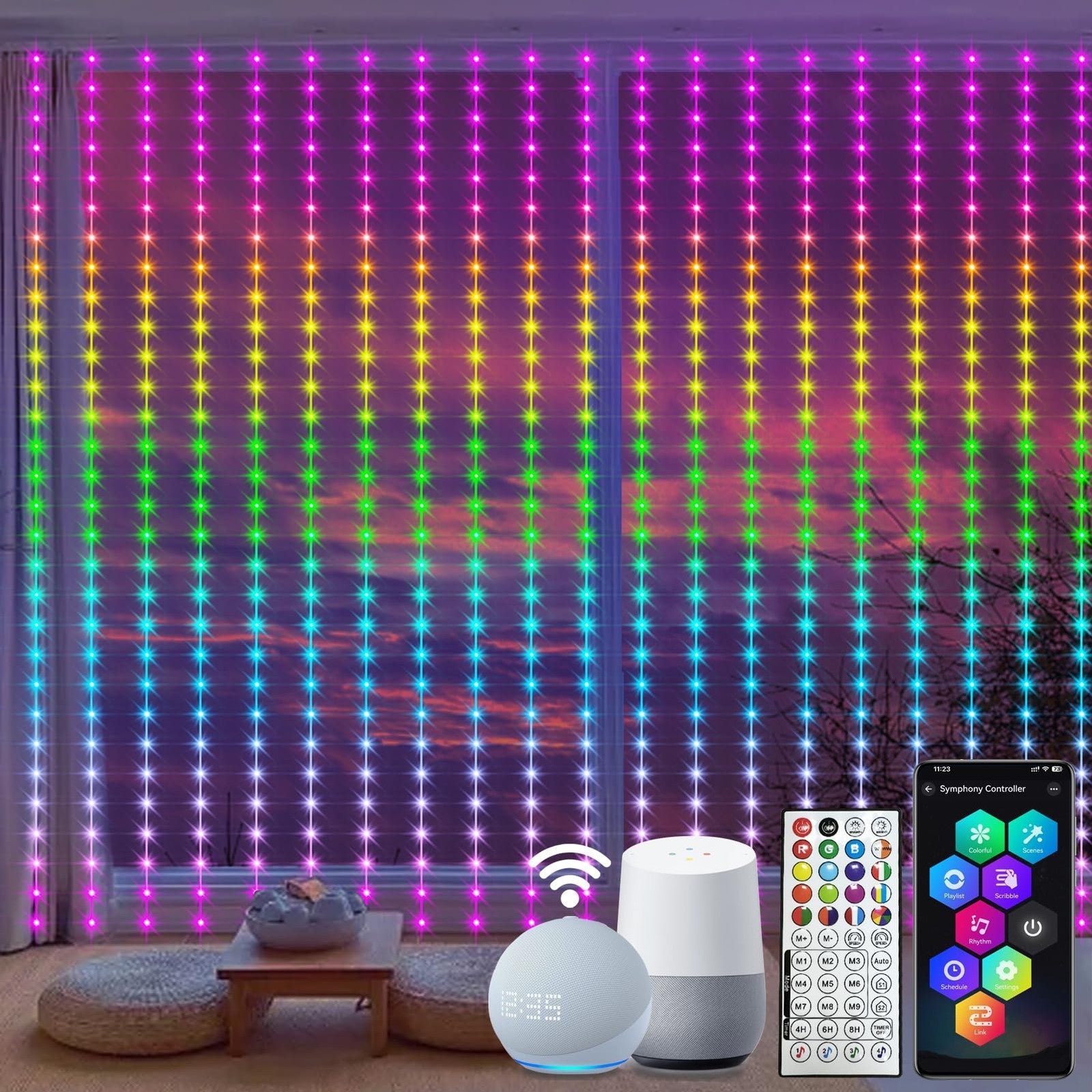 ZAIYW WiFi Smart RGB LED curtain lights with 600 color-changing LEDs, hanging on a window for ambient lighting and mood setting.
