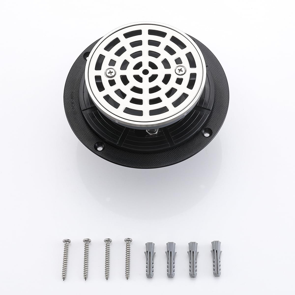 RANDOM brushed nickel round shower drain with adjustable PVC, 4-inch diameter, for bathroom shower installation.
