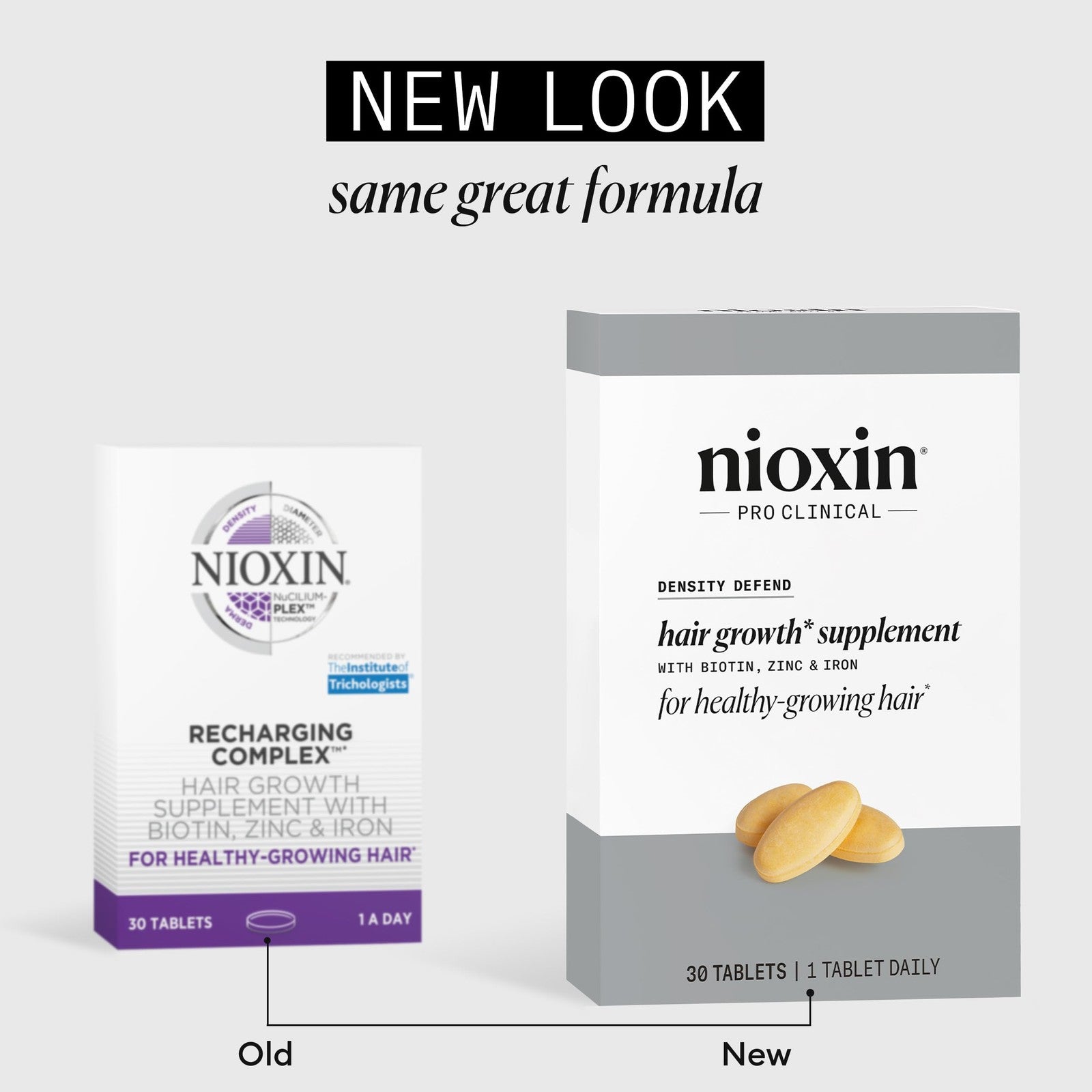 NIOXIN Density Defend Hair Growth Supplements bottle with biotin, zinc, and iron, showcasing the product label and capsule packaging.